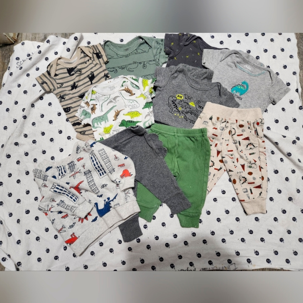 3M Dino Lot- 3 pants, 6 onesies Sweater&Sleeper